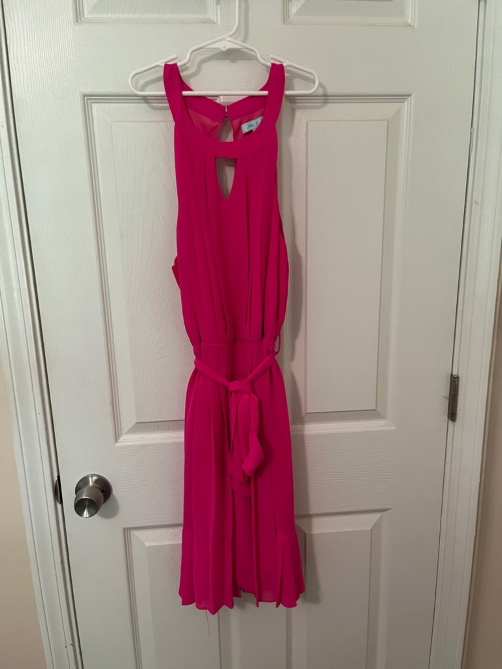 She + Sky Hot Pink Sleeveless Midi Dress with Waist Tie